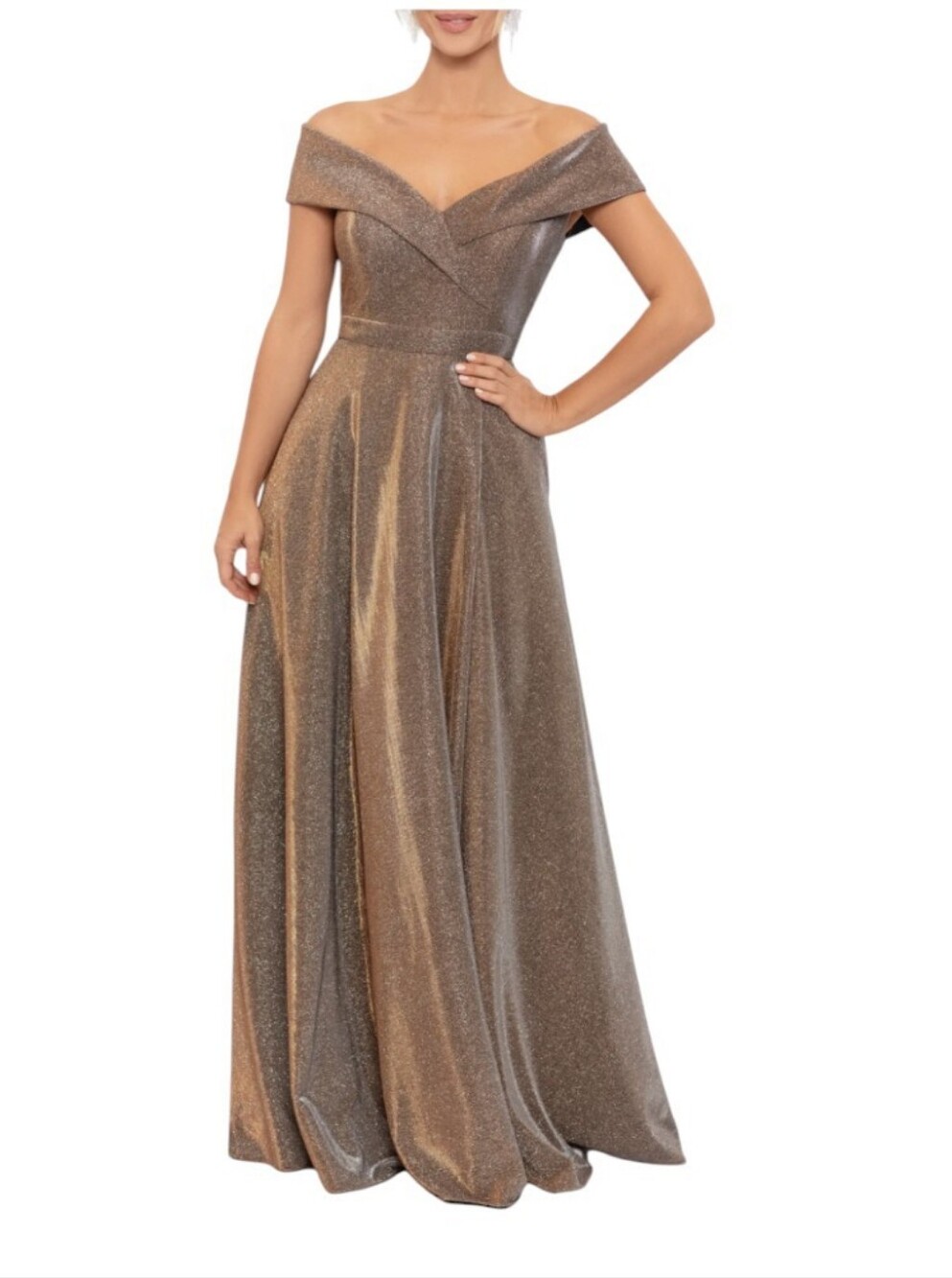 Xscape Off-Shoulder Metallic Evening Gown in Bronze...Size 10